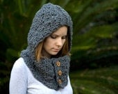 Hooded Cowl, Wood Button Crochet Hooded Neck Warmer, Charcoal Gray
