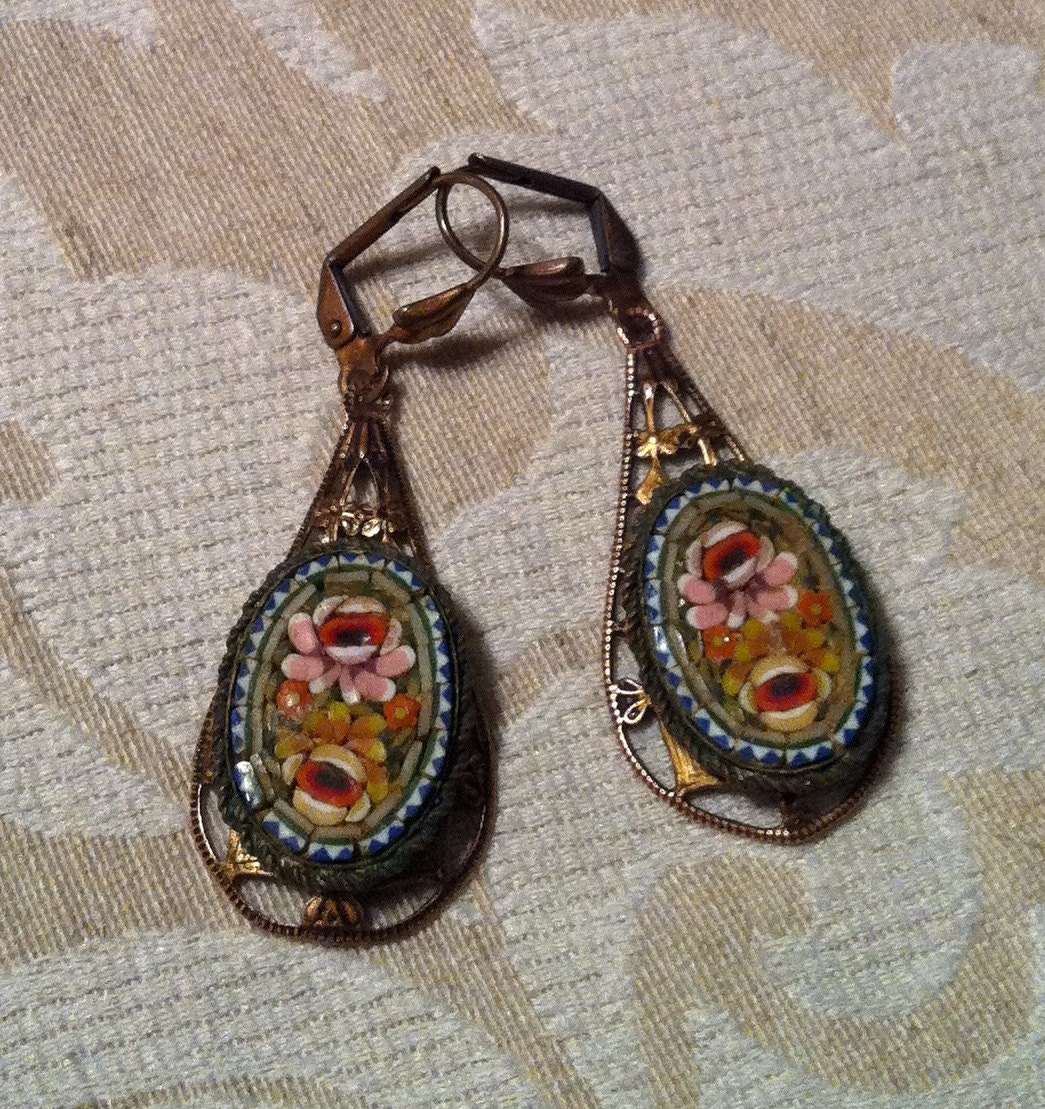 Mother's Day Vintage  20-30's Micro Mosaic Earrings, Artisan Upcycled