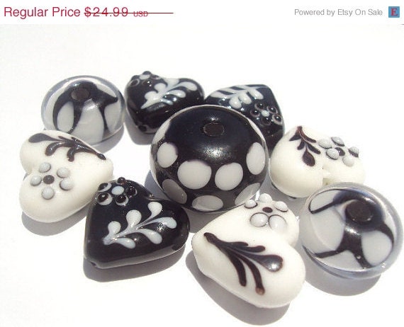 40% OFF SALE Lampwork Beads Black and White 9 Piece Set