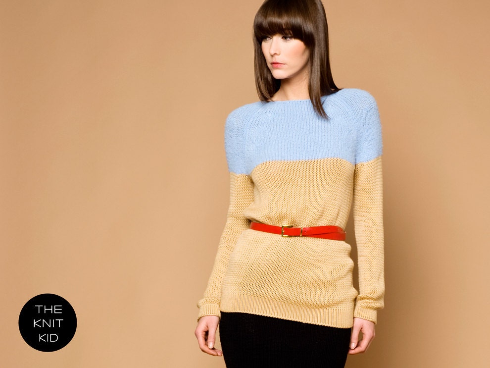 knitted raglan sweater beige light blue  color block colour merino mohair theknitkid THE KNIT KID