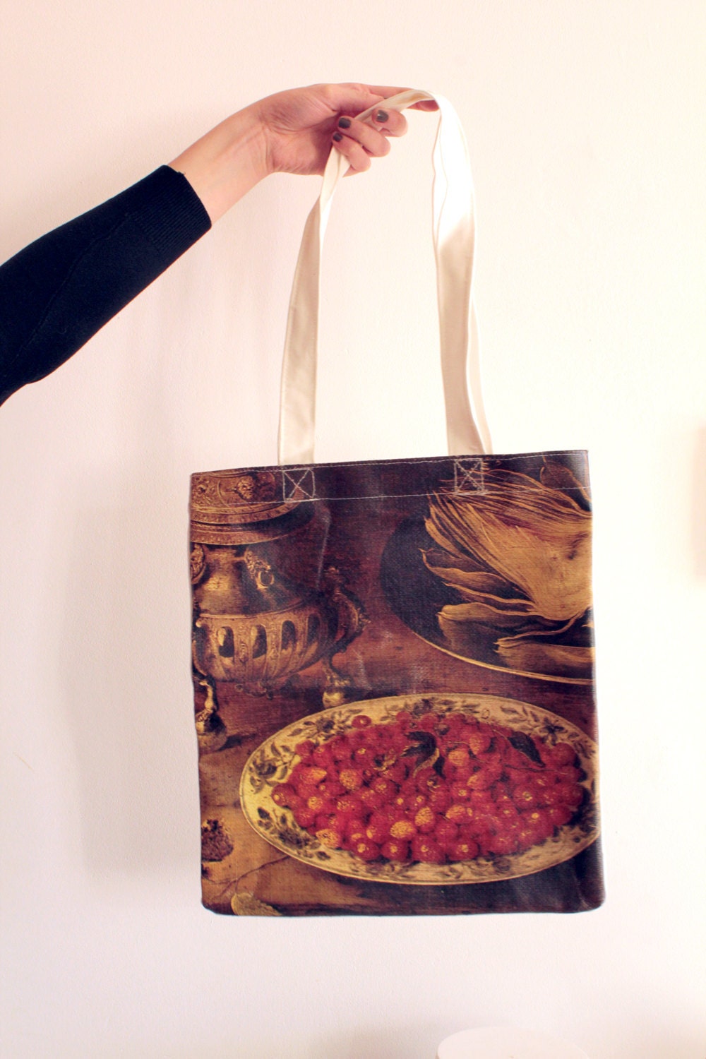 Recycled canvas painting tote bag - strawberries