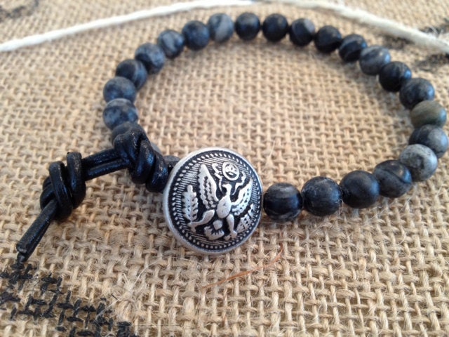 Mens - Black Network Beaded Button Bracelet