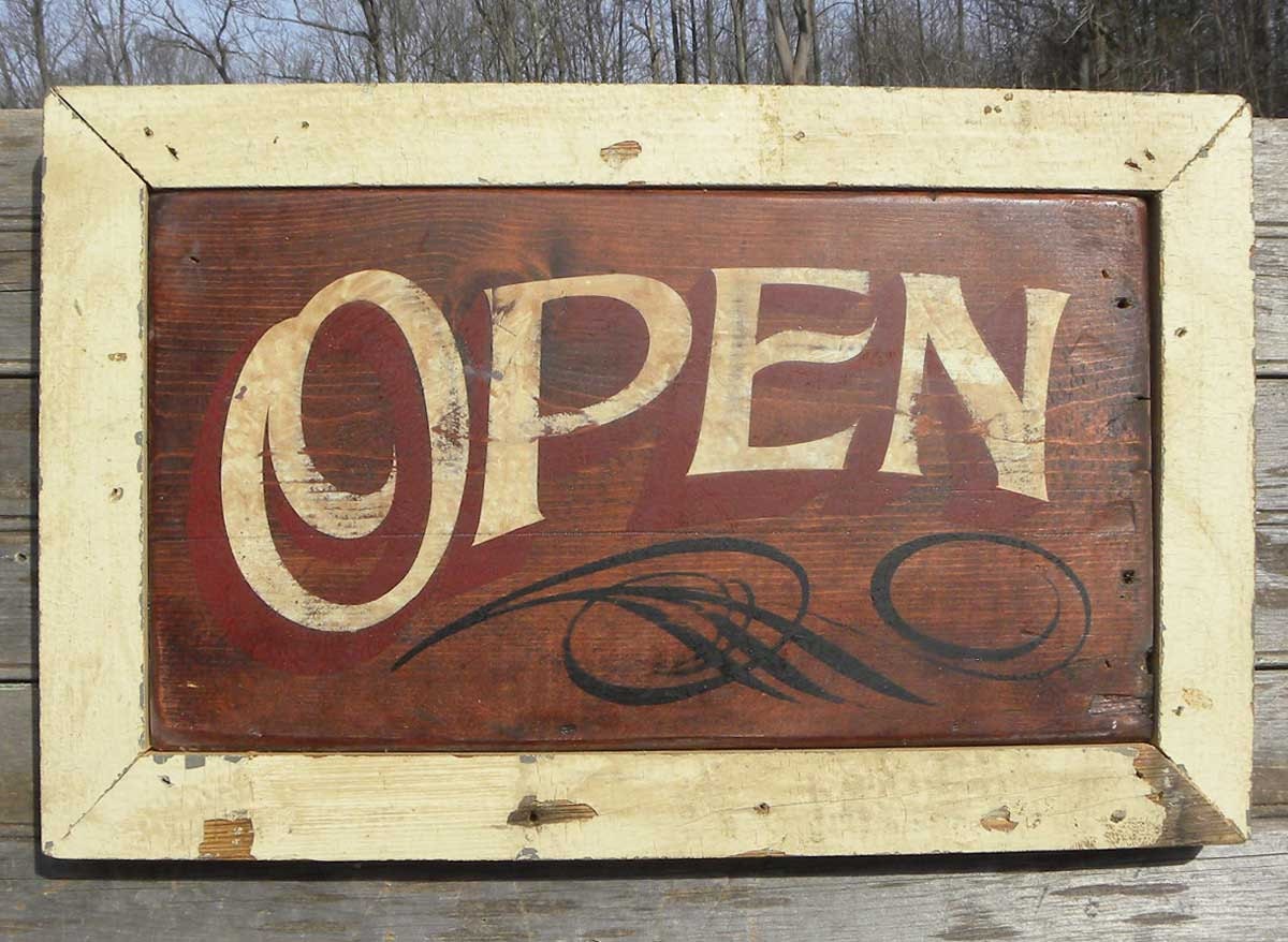 Open Sign hand painted faux vintage wooden by ZekesAntiqueSigns