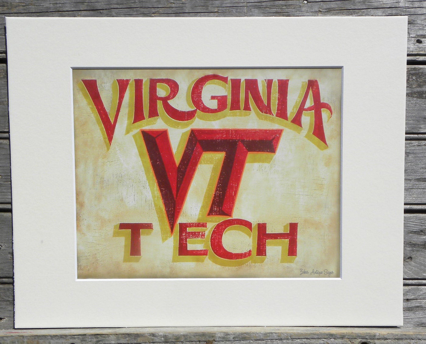 Virginia Tech Print,with MAT, original art, faux vintage, college ,wall decor,