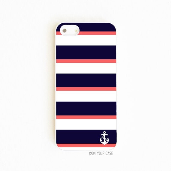 Nautical iPhone 5 Case Navy & Coral Stripe With Anchor