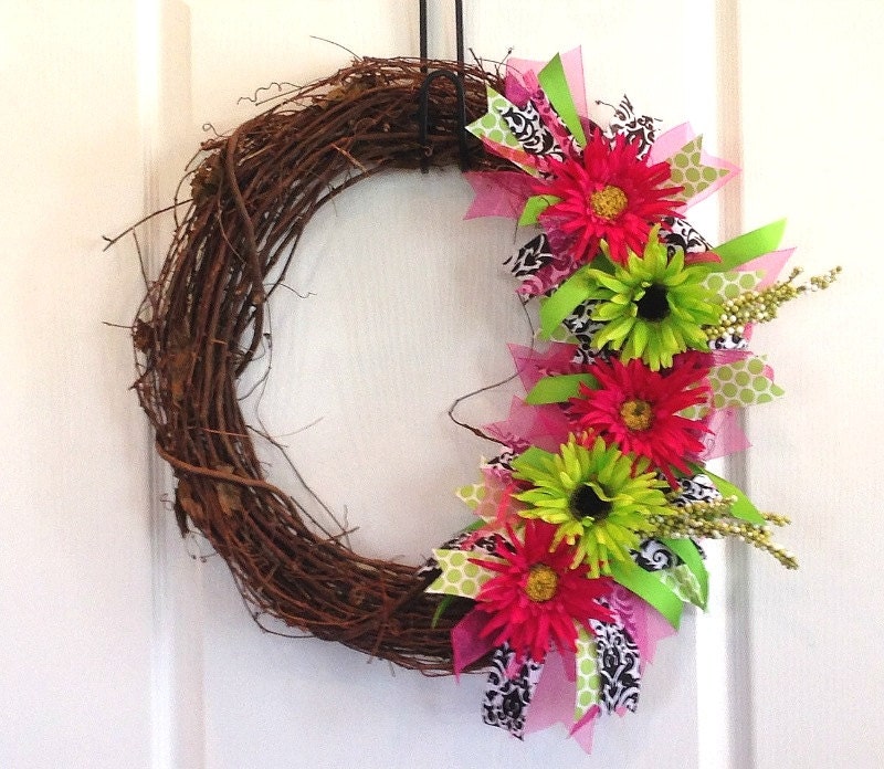 Spring Gerbera Daisy Wreath Hot Pink Lime Green Ribbon Damask Black White