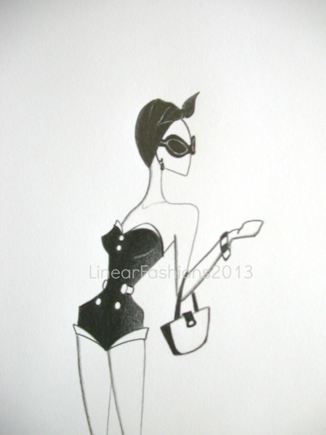 Nautical Fashion Art, 1950s Vogue Style Illustration, Beach Summer Decor, Original Pencil Drawing