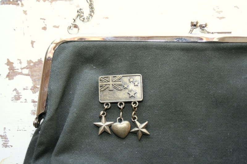 SALE 50 OFF Vintage envelope clutch / green khaki / New zealand flag  / minimalist clutch