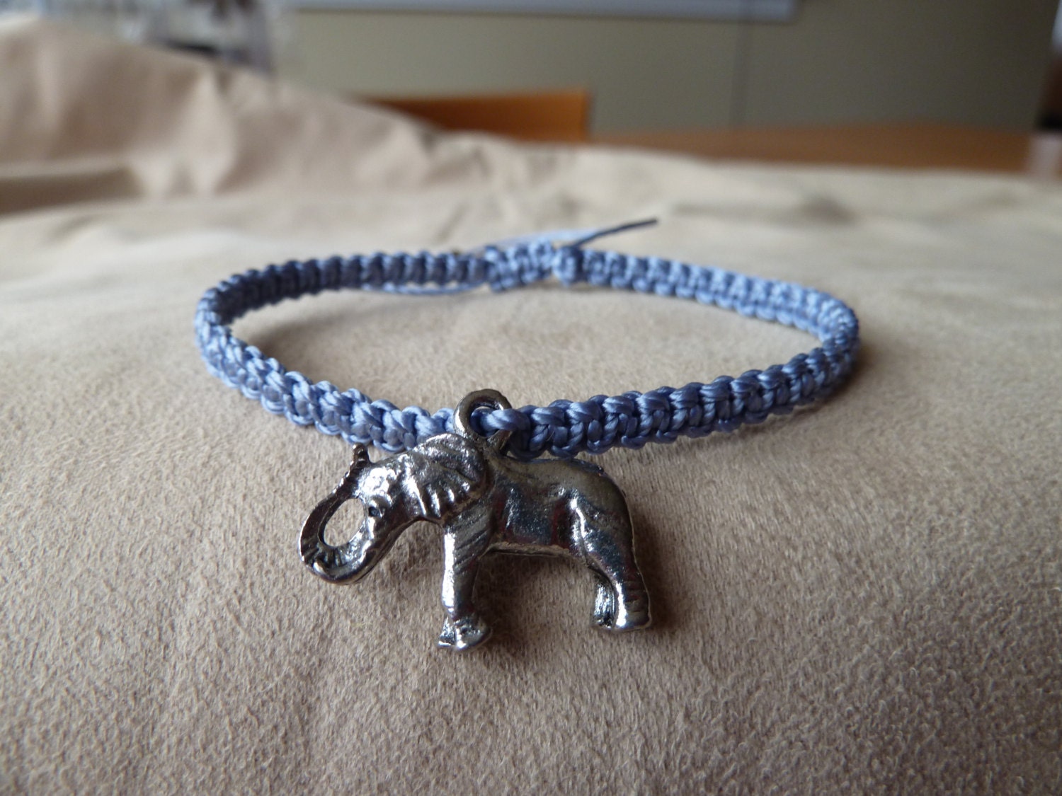 Periwinkle Macrame Bracelet with tibetan silver elephant charm & Sliding Adjustable Closure
