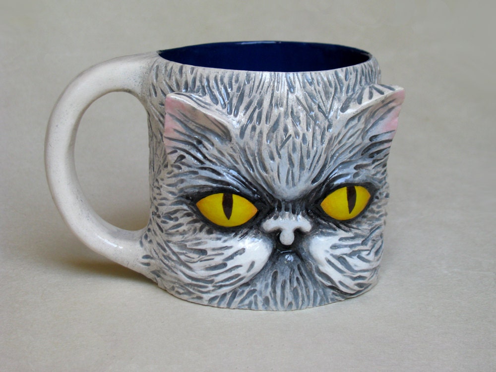 OOAK CAT MUG Large Ceramic  Entirely Handmade Cofee Tea Cup / Unique Original Gift / lemon yellow deep dark blue light grey gray white black