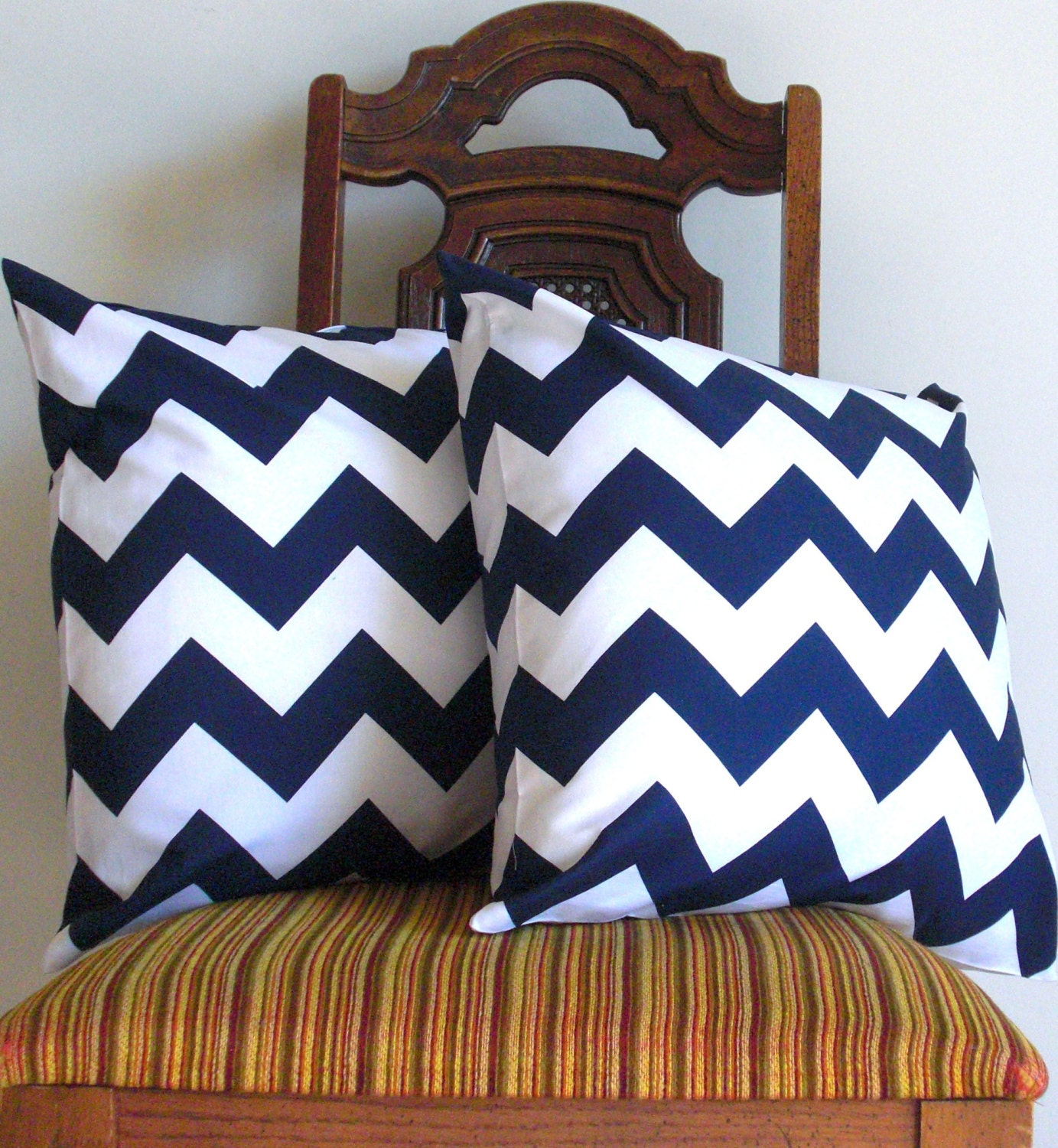 Navy Blue decorative pillow throw 18 x 18 Decorative modern chevron zig zag white dark blue navy Riley Blake Handmade cotton Home Set of TWO