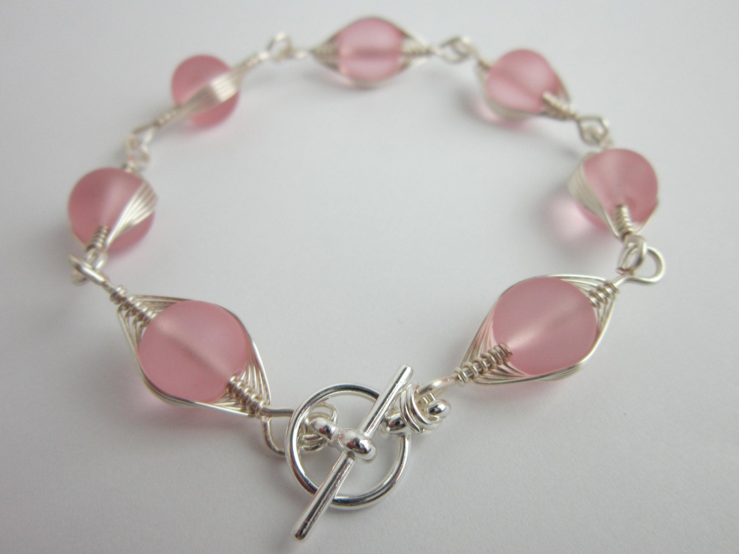 Soft Pink Sea Glass And Silver Wire Link Bracelet - Beach Glass, Herringbone Metal Weave, Wire Weave, Artsy, Intricate