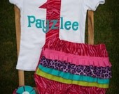 Girls 1st Birthday Outfit-Pink on Pink Zebra-Bloomers, Onsie, and Hair Clip
