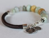 Yoga bracelet artisan style - jade, blue opal, aqua terra leather and silver jewelry bracelet beaded