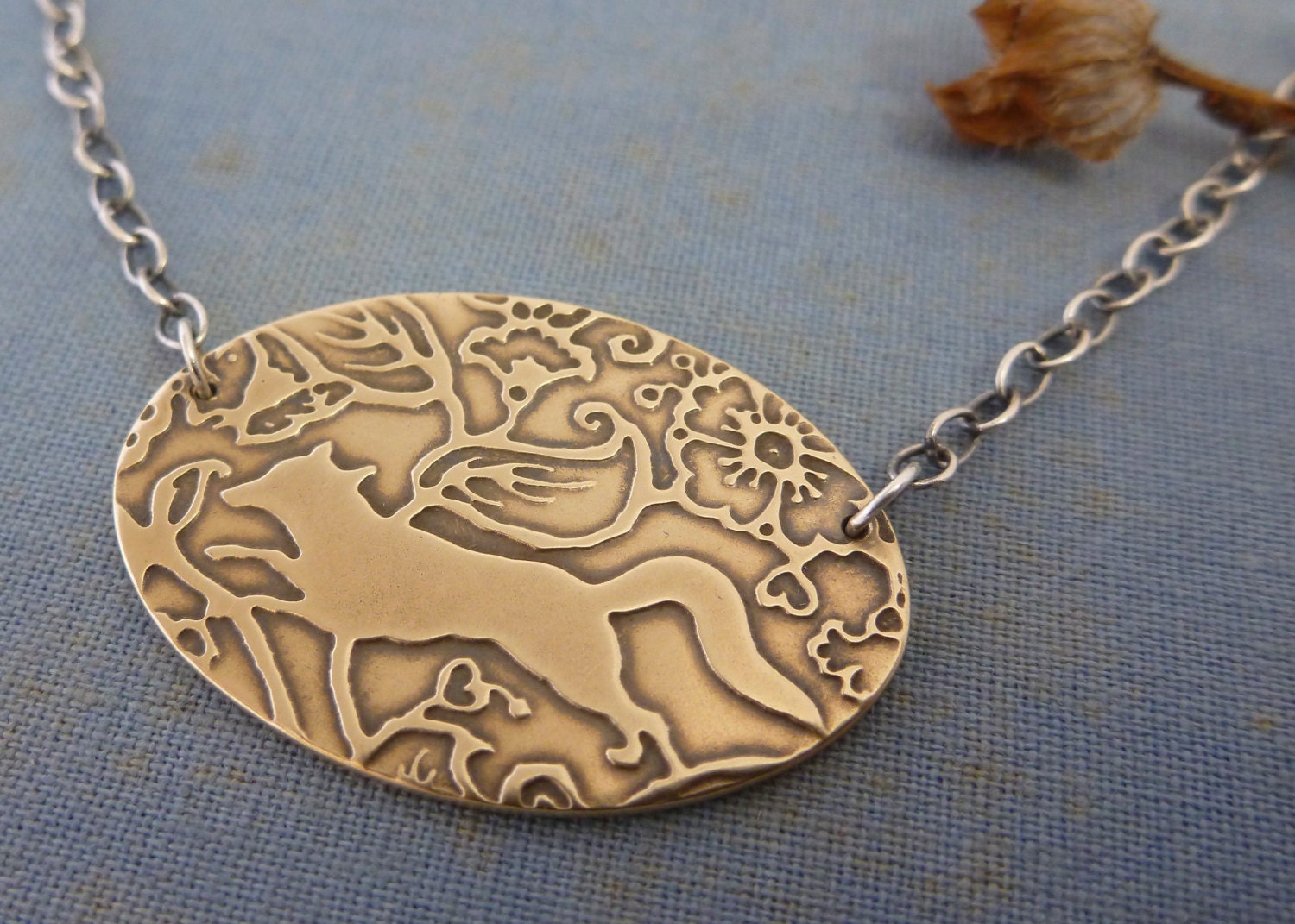 A Fox in the Meadow necklace - brass charm - sterling silver chain - woodland animal - forest vintage fox