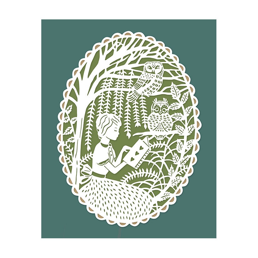 Print of Original Papercut Illustration - Reading in the Trees with Owls - 8x10 Fine Art Print