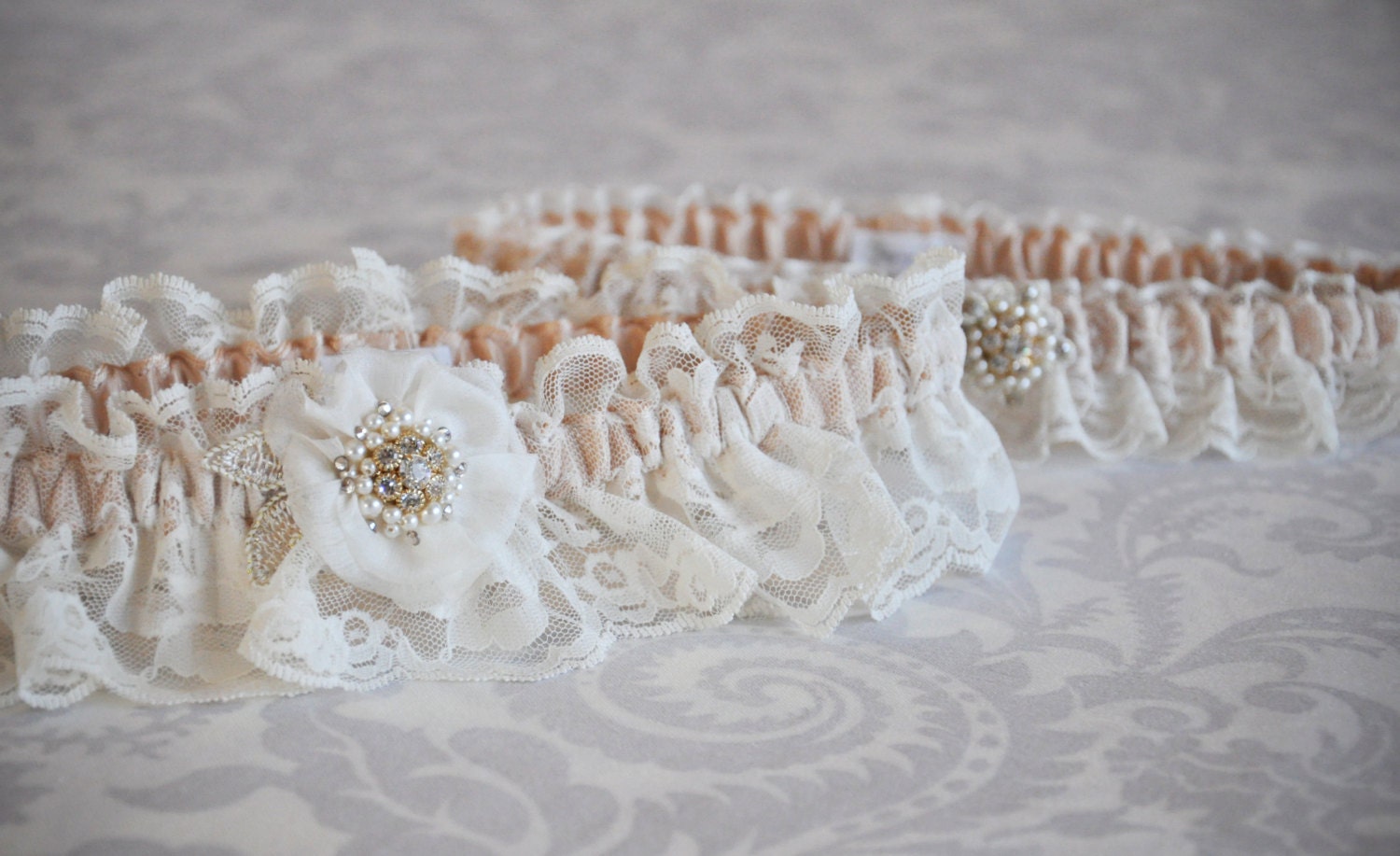 Champagne and ivory Garters with handmade silk flowers and lace, Satin garters with pearls and rhinestones