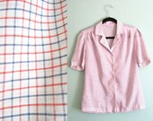 1970s shirt/ grid graph paper pattern blouse/ short sleeve 70s top M-L
