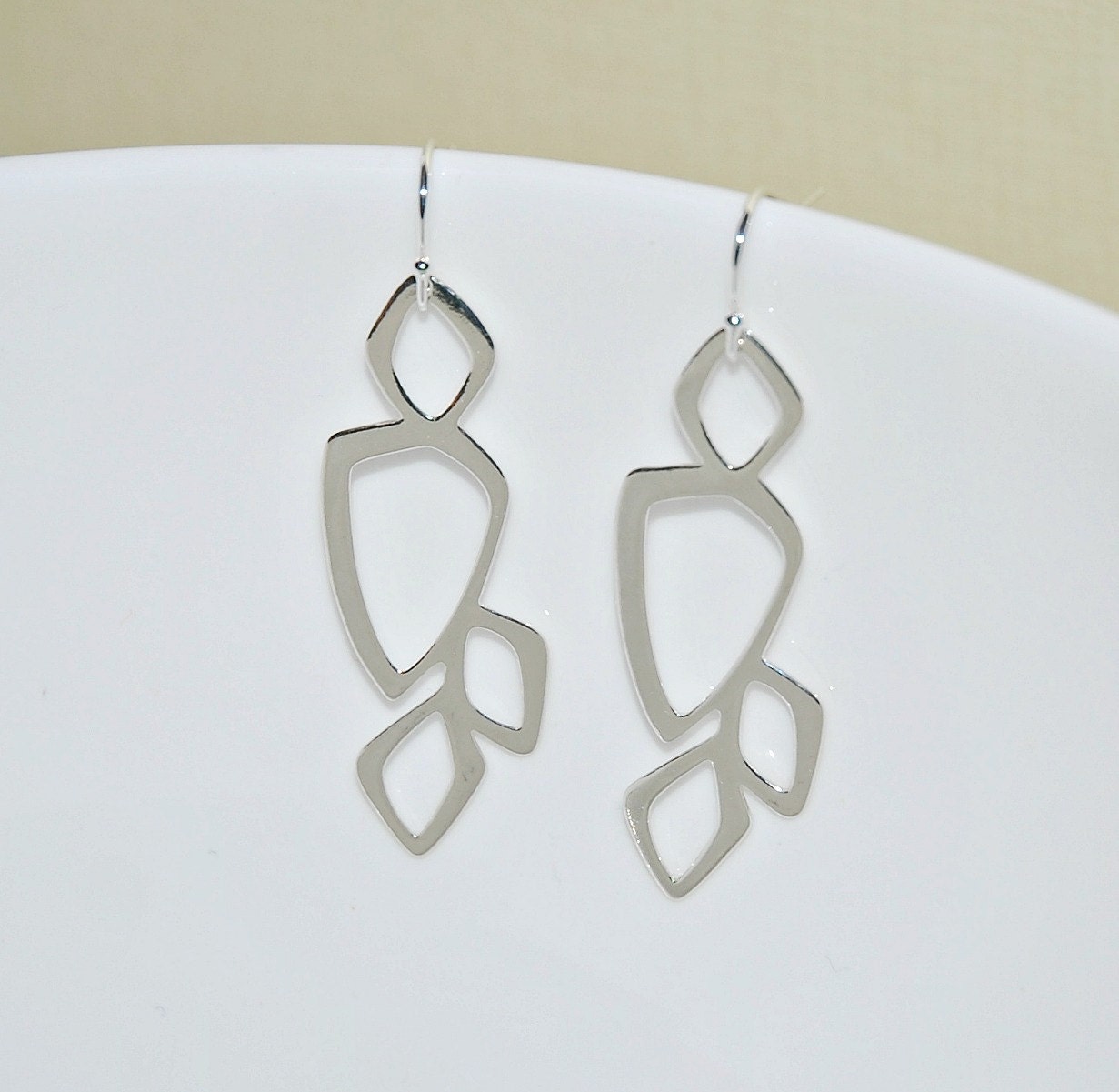 Silver art deco earrings - sterling silver long abstract diamond geometric dangle earrings - modern statement jewelry - nehru