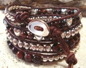 Red Tiger Eye Gemstone & Hearts with Silverplate Beads on Black Leather 4-Wrap Bracelet
