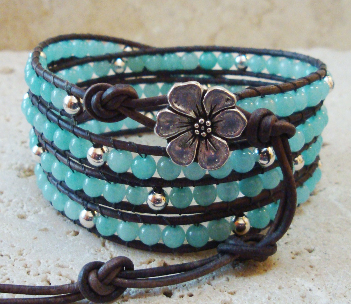 Amazonite Gemstone & Silver Plate Beaded Leather 4-Wrap Bracelet