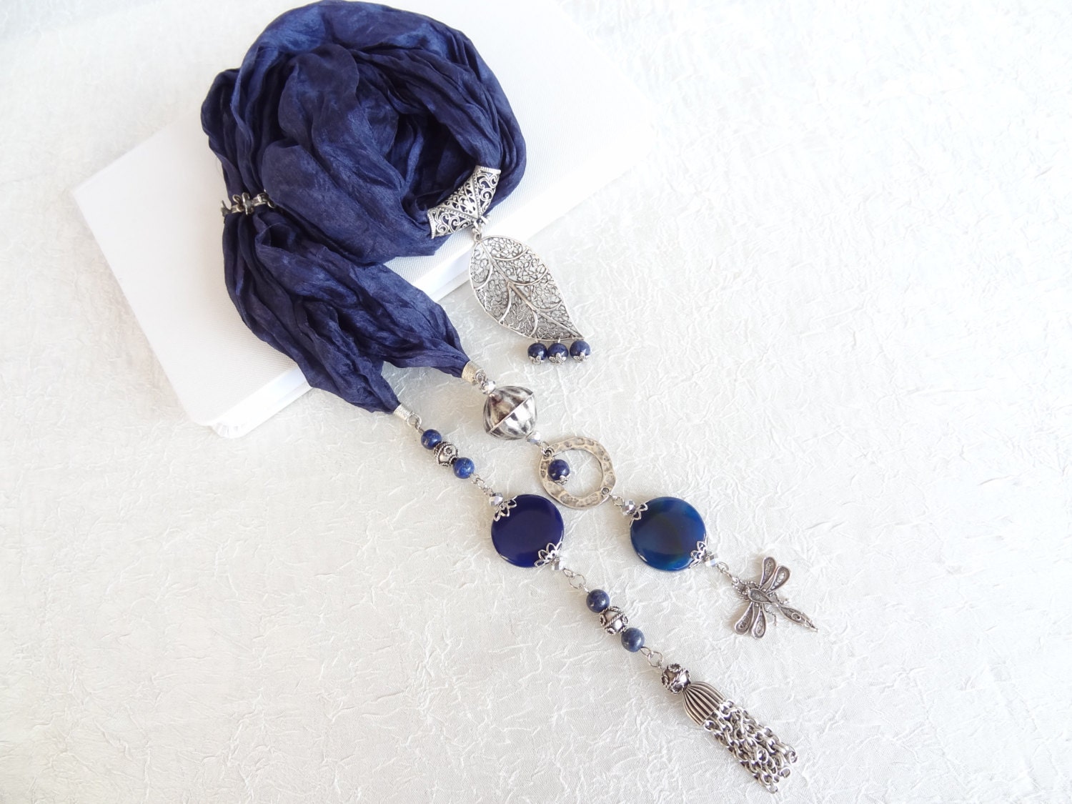 Navy Blue Jewelry Scarf, Scarf Necklace,  Silver Plated,Lapis Lazuli Necklace , Turkish Silk Necklace