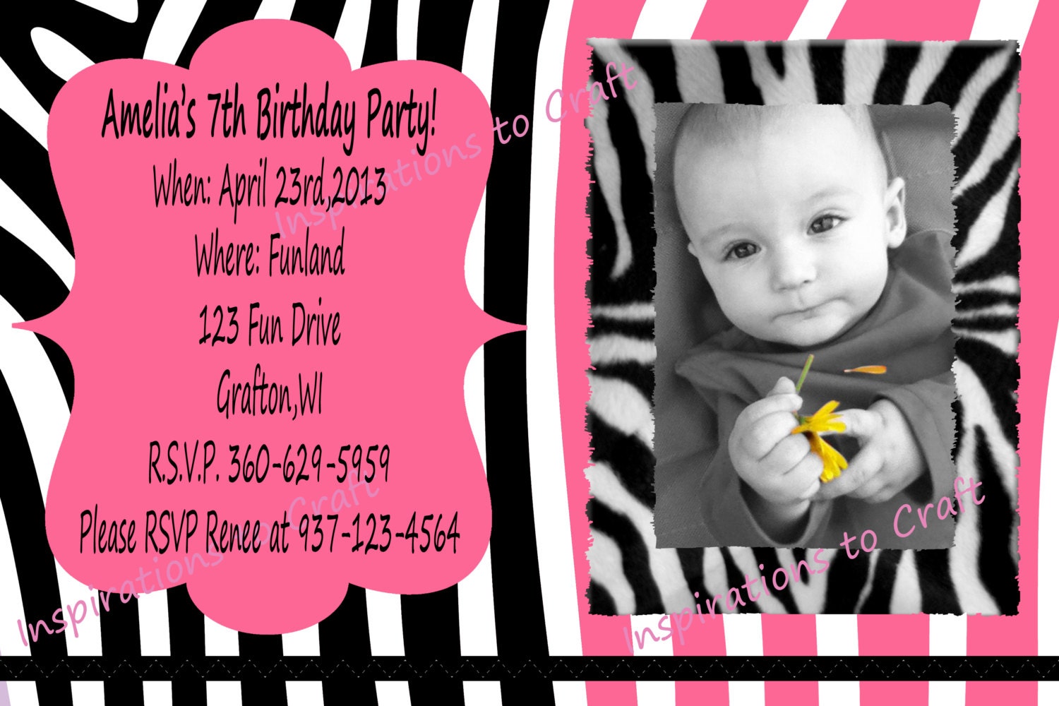 U Print Pink Zebra Birthday Party or Baby Shower Invitation - Printable Digital DIY Invite