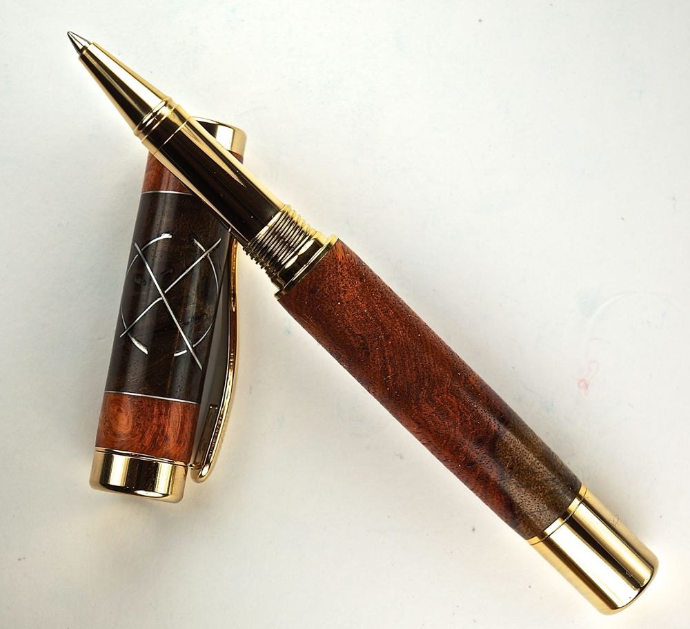 Wooden Pen Hand Turned Rollerball Amboyna Burl and Claro Walnut Burl and Aluminum Accents Gold Hardware 440RBA