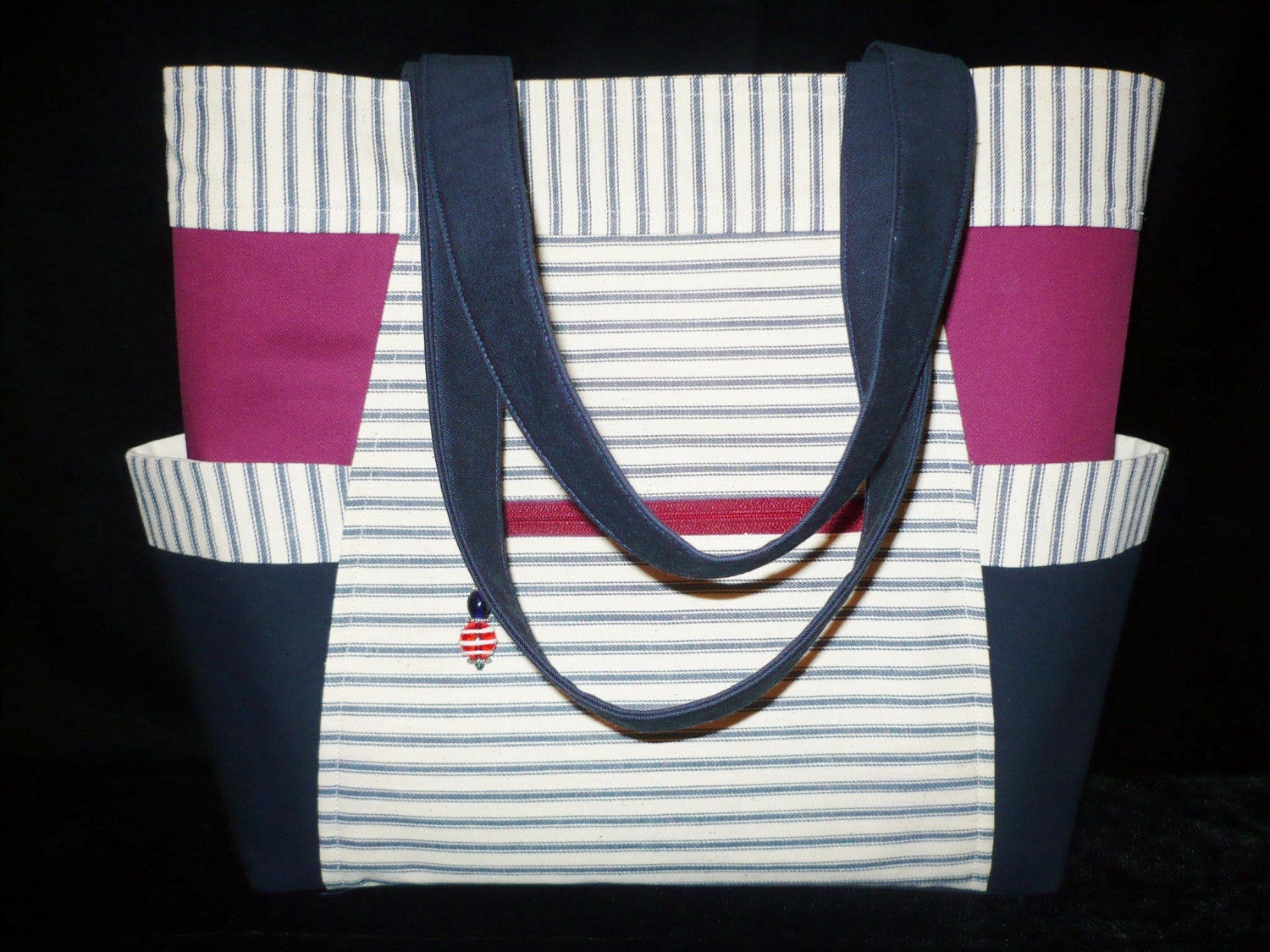 Navy Blue Ticking Tote Bag Purse, Handmade Handbag, Nautical