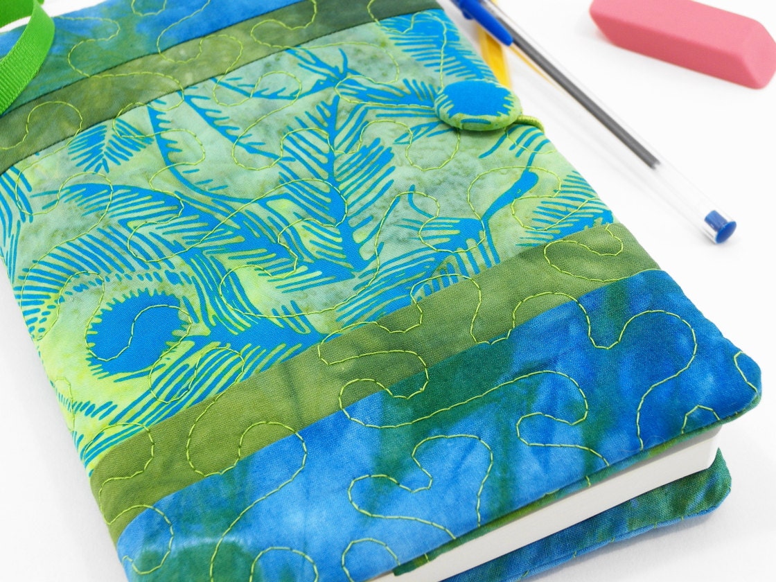 Moleskine Cover, Quilted Journal, Fabric Diary -Turquoise Blue, Lime and Avocado Green Hand Dyed Fabric with Peacock Feather Batik