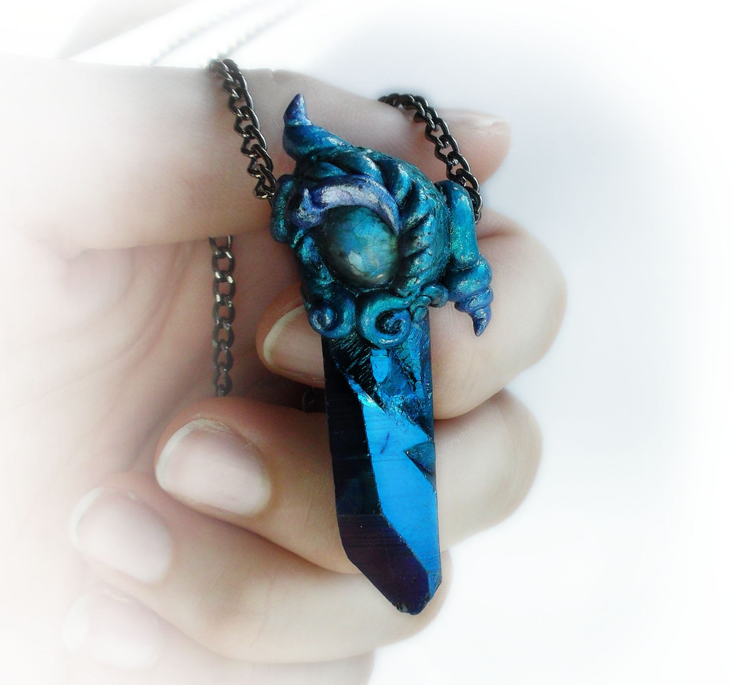 Fantasy pendant with labradorite, titanium quartz and polymer clay, mixed media, electric blue, fantasy jewelry