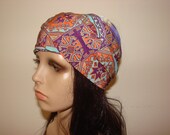 Multicolor Orange Purple Head scarf, jersey knit Tribal turban headband, hippie hair wrap, bandana headband, twisted, neck bow skinny scarf