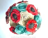 Bridesmaid or Bridal Jane Austen Bouquet in Red, Teal, Cream with Roses & Poppies - Book Page and Handmade Paper Wedding Flowers