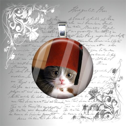 Shriner Kitty - Morocco Cat (Morocco Mole Kitty) - Cats In Hats Collection - 1 Inch Circle Glass Pendant Necklace
