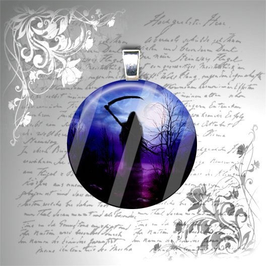 The Grim Reaper in Purple and Blue - Halloween Collection - 1 inch Glass Circle Photo Pendant Necklace
