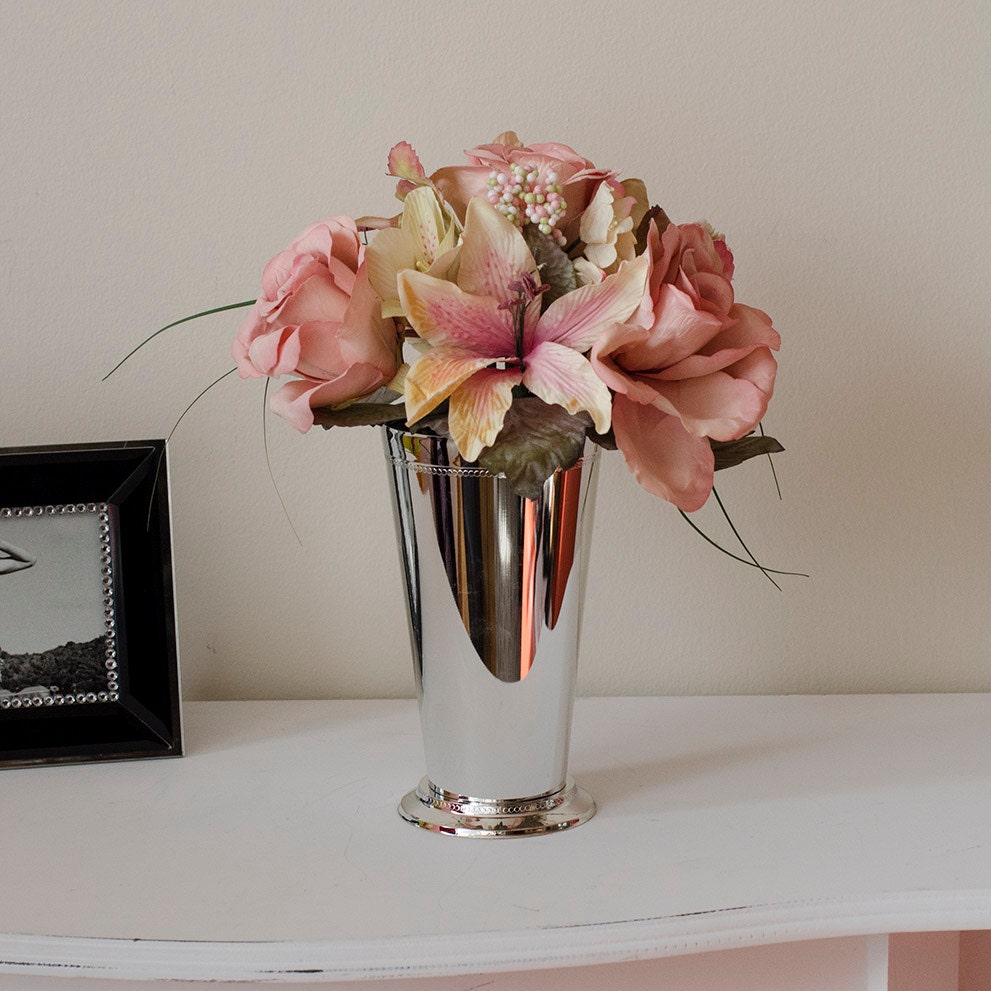 Pink Rose Stargazer Lily Metal Vase