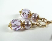 Lavender dangle earrings Swarovski crystal and faux pearl earrings Romantic beaded jewelry Wedding bridesmaid bridal jewelry Mothers Day