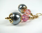 Pink and grey dangle earrings Swarovski crystal and glass pearl earrings Prom bridal wedding jewelry Beaded bridesmaid jewelry Mothers Day