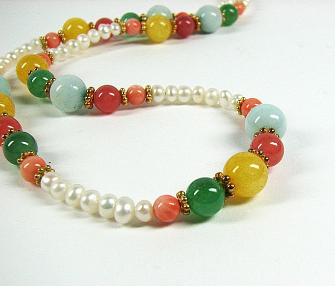 Multicolor beaded necklace Coral green aqua and yellow semi precious gemstone necklace White freshwater pearl single strand beaded jewelry