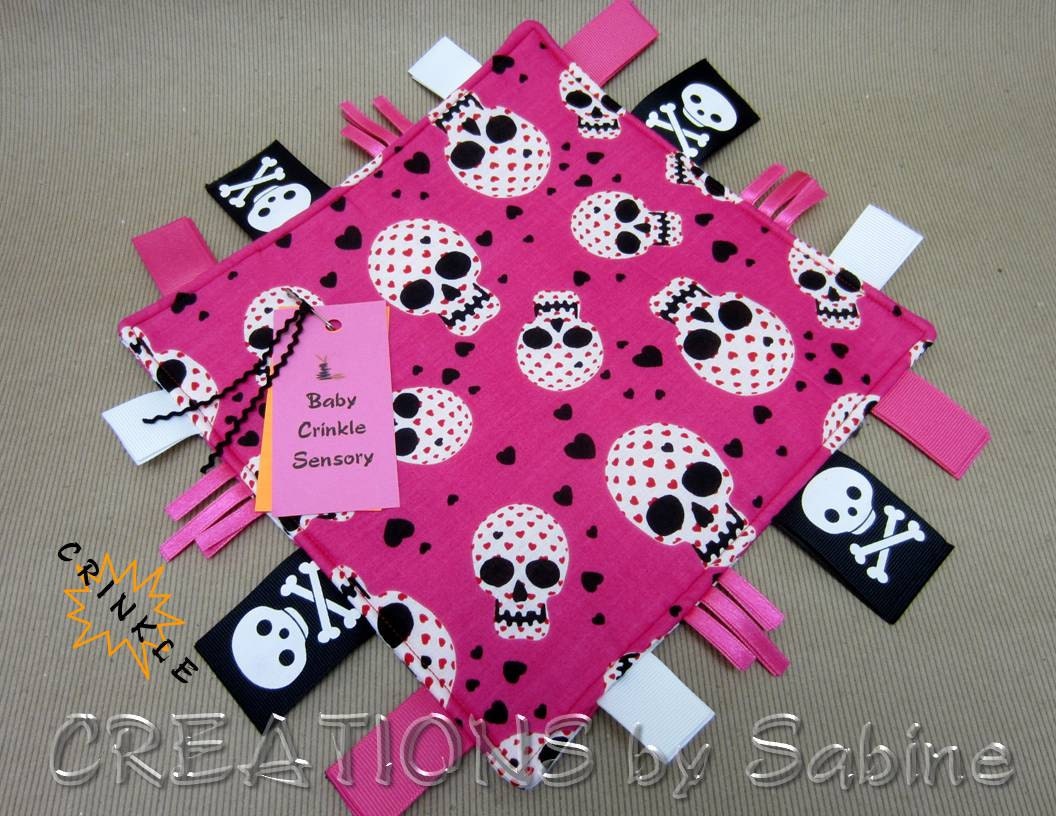 Baby Tag Blanket, Crinkle Sensory, Ribbon Tag Toy, Pink, Black, Red, White, Skulls, Hearts, Padded READY TO SHIP 94