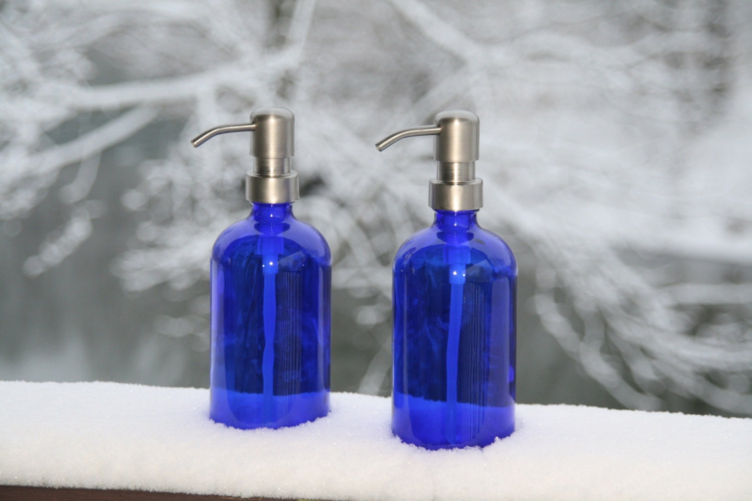 Set of 2  Cobalt Blue Glass Pint Bottle Soap Dispensers with Brushed Stainless Metal Pump - Pair of Cobalt Blue 16oz Jar Lotion Bottle