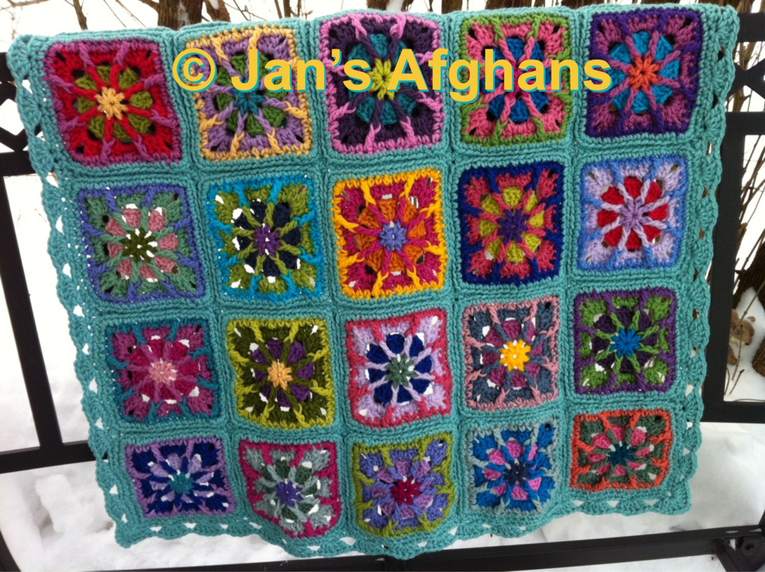 Crocheted afghan kaleidoscope granny squares BABY afghan baby blanket 32"x32" with scalloped seafoam border READY to SHIP