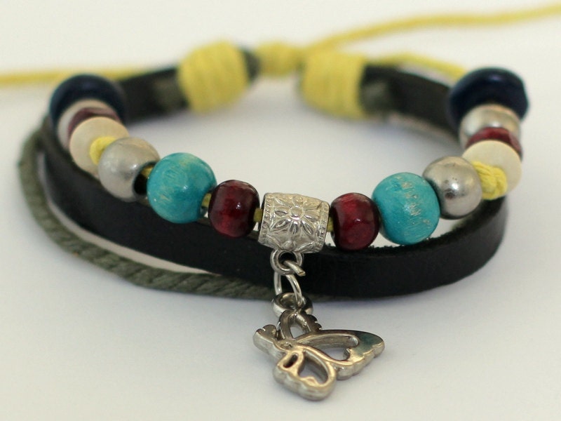 046 Handmade Black leather bracelet Fashion jewelry gift  Beaded bracelet Butterfly wings pendant
