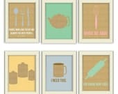 Kitchen Art Prints 6 Piece Custom Set. Kitchen Posters. Costomize Colors. Fork, Spoon, Knife Art, Julia Childe Quote, etc. You Choose any 6.