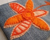 Jeans zipper bag, purse wallet, make up bag, mobile phone case, recycled jeans, felt appliqued orange flower