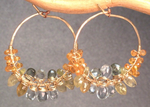 Cleopatra 111 Hoops wrapped with mandarin garnet, green garnet, and moss aquamarine