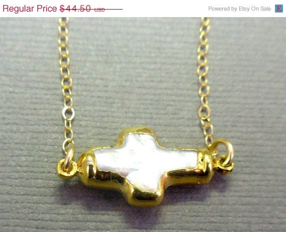 Memorial Day Sale Pearl Sideways Cross Necklace Cross edged in 24k gold on gold fill chain