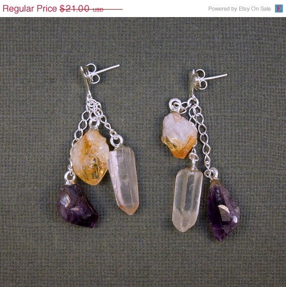 Memorial Day Sale Citrine Crystal Amethyst Point Silver Earrings- 3 Hanging Crystal Points on Silver Chain