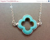 Memorial Day Sale Turquoise Clover Necklace Edged in Sterling Silver on Sterling Chain available in 24k gold too