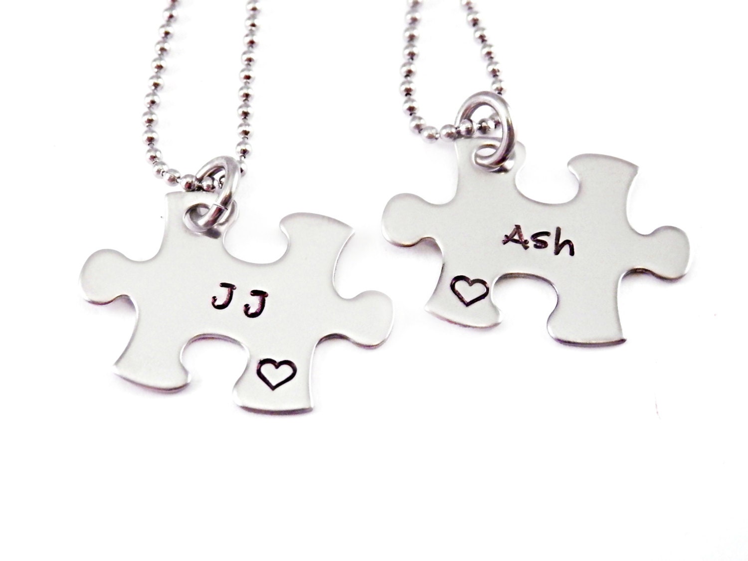 Couple Mini Puzzle Piece Necklace Set- 2 Puzzle Pieces - Hand Stamped Puzzle Piece Necklaces Set of 2 - Names - Anniversary - Wedding